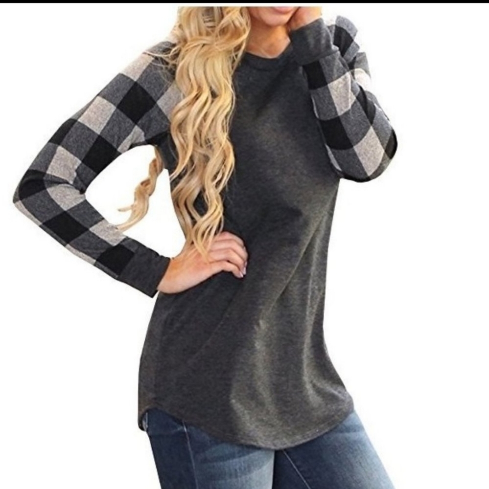 Gray Buffalo Plaid Sleeve Gray Sweater